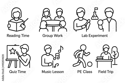 Education icon set: linear style illustrations for school activities