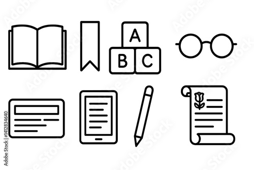 outline vector icons of literacy and reading: open book, bookmark, alphabet blocks, reading glasses, library card, e-reader, writing pencil, poetry scroll. ine style icons in a modern, minimalist