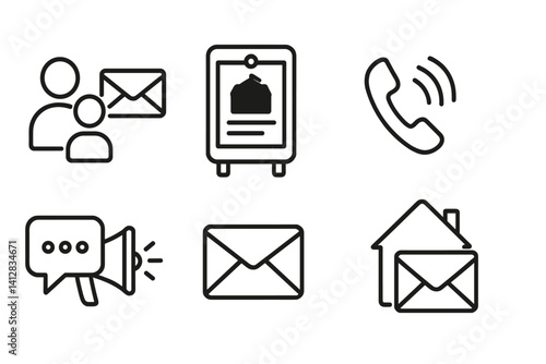 outline vector icons of school communication: parent email, notice board, school app, phone call, chat bubble, announcement speaker, message icon, letter home. set of line style icons in a modern,