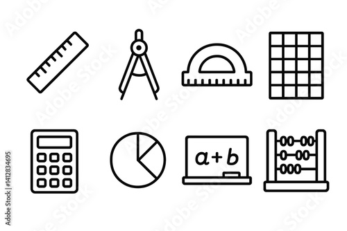 outline vector icons of math tools: ruler, compass, protractor, graph paper, calculator, pie chart, equation board, abacus. set of line style icons in a modern, minimalist design.