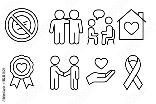 outline vector icons of bullying prevention: no bullying sign, friendship icon, talk to adult, safe space icon, respect badge, conflict resolution, kindness symbol, anti-bullying ribbon. set of line