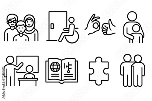 outline vector icons of inclusive education: diverse students, accessible entrance, sign language icon, support icon, classroom aide, inclusive curriculum, autism symbol, buddy system. set of line