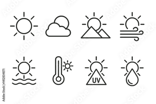 outline vector icons of heart weather symbols: sunny heart, cloudy heart, raining hearts, thunder with heart, snowy heart, foggy heart, windy heart, rainbow and heart. set of line style icons in a