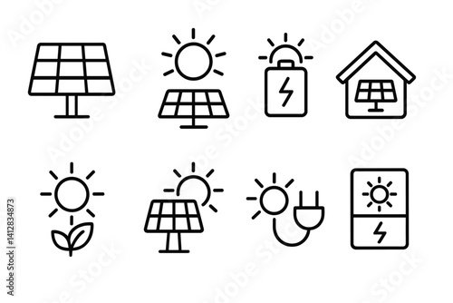 outline vector icons of energy cloud systems: solar sync, grid cloud, battery cloud, smart meter, energy flow, IoT energy node, cloud dashboard, home power icon. ine style icons in a modern,