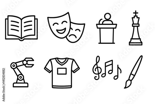 outline vector icons of student clubs and groups: book club, drama mask, debate podium, chess piece, robotics arm, sports jersey, choir music, art brush. set of line style icons in a modern,