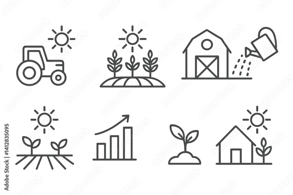Fototapeta premium outline vector icons of farming and sun: tractor under sun, crops in rays, barn with sun, watering field, sunny weather for plants, plant growth chart, seedling icon, farm icon with sun. set of line