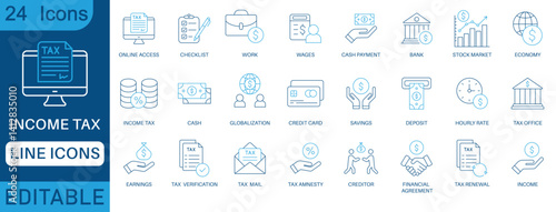 Line style income tax and finance icons set. Includes credit card, savings, tax forms, banking, wages, economy, financial agreement. Editable vector for web, apps, and presentations.
