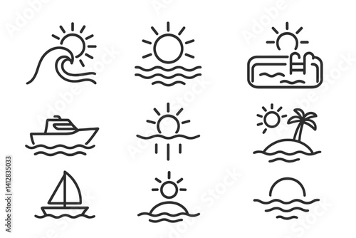 Set of minimalist linear beach and ocean icons for summer designs