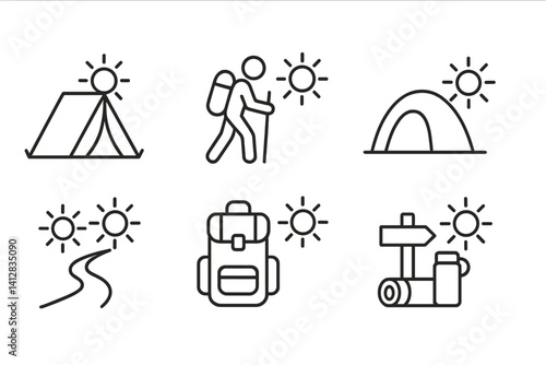 outline vector icons of camping gear: tent, camp stove, lantern, sleeping pad, cooler, camp chair, rope, matchbox. ine style icons in a modern, minimalist design.