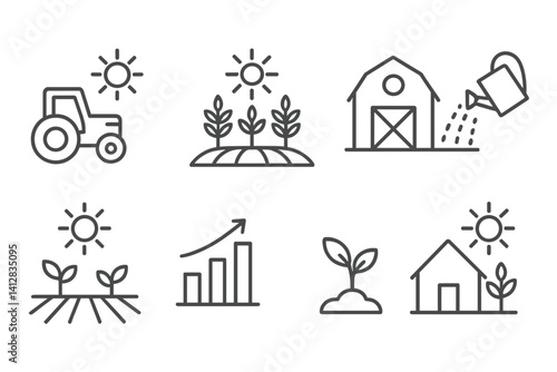 outline vector icons of farming and sun: tractor under sun, crops in rays, barn with sun, watering field, sunny weather for plants, plant growth chart, seedling icon, farm icon with sun. set of line