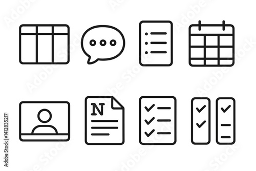 outline vector icons of team management tools: Trello board, Slack bubble, task list, calendar grid, Zoom window, Notion page, task tracker, checklists. set of line style icons in a modern,