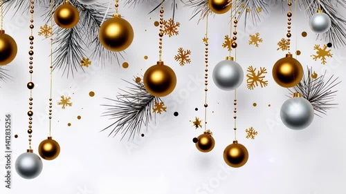 Christmas background with hanging golden balls. Christmas tree branch. Shining Christmas balls, gold glitter, stars. Shining bokeh effect. and a New Year's video card