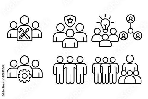 outline vector icons of cross-functional teams: mixed skills icon, role badge, shared knowledge, diverse roles, collaboration icon, multifunctional group, joint effort, expertise mix. set of line