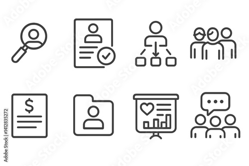 outline vector icons of team email features: shared inbox, group reply, assign message, internal note, mention teammate, collaboration icon, team folder, role badge. set of line style icons in a