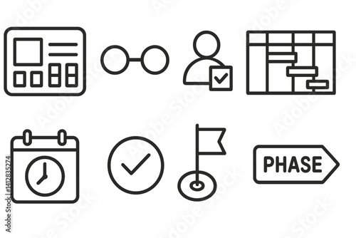 outline vector icons of project management: Kanban board, Gantt chart, deadline icon, task list, team icon, milestone flag, workflow path, progress bar. set of line style icons in a modern,