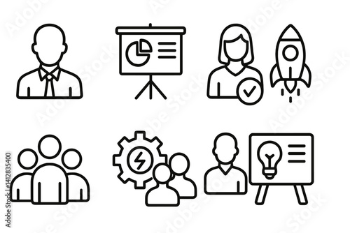 outline vector icons of startup teams: founder icon, pitch deck, product owner, MVP icon, startup rocket, team hustle, brainstorming gear, idea board. set of line style icons in a modern, minimalist