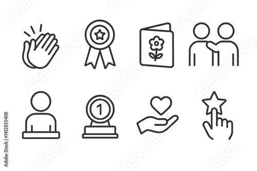 outline vector icons of team recognition: applause icon, badge of honor, thank you note, peer kudos, employee of month, reward token, appreciation hand, feedback star. set of line style icons in a