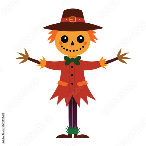 Halloween scarecrow with pumpkin isolated on white Background