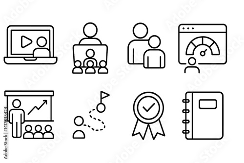 outline vector icons of team learning: online course, team webinar, mentorship icon, skills tracker, training icon, learning path, certification badge, notebook icon. set of line style icons in a