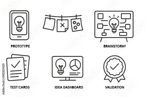 outline vector icons of innovation labs: prototype icon, sticky notes, design jam, brainstorming board, test cards, hypothesis badge, idea dashboard, validation icon. set of line style icons in a