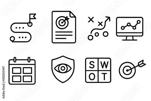 Linear business strategy icons set: planning, analysis, and goal tracking