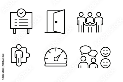 outline vector icons of team culture: values board, open door policy, team norm icon, trust hand, culture fit, vibe meter, casual chat, emoji reactions. set of line style icons in a modern,