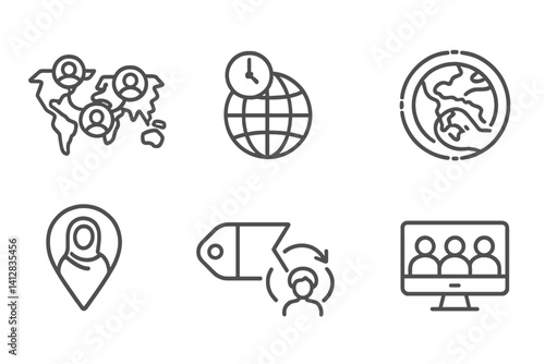 outline vector icons of global teams: world map with avatars, timezone globe, cross-cultural group, distributed badge, location icon, flag tag, international sync, virtual workspace. set of line