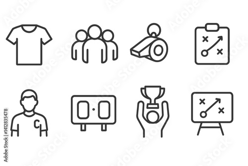 Sports team strategy icon set: linear coaching and management symbols