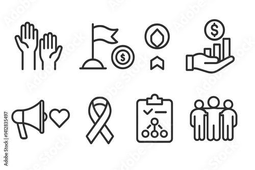 outline vector icons of nonprofit teams: volunteer hands, mission icon, donation chart, cause badge, outreach icon, campaign plan, awareness ribbon, group support. set of line style icons in a modern