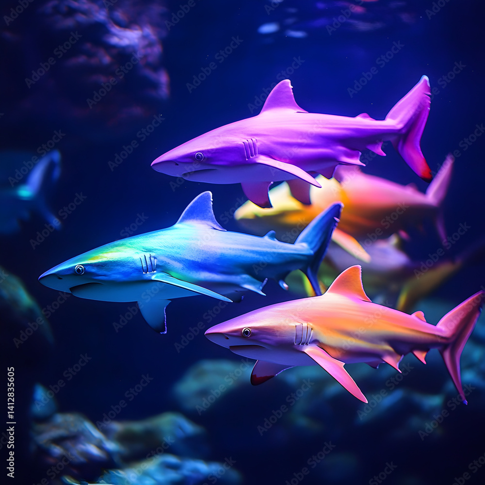 Obraz premium A group of colorful sharks swimming in a tank. The colors are bright and vibrant, creating a lively and energetic atmosphere