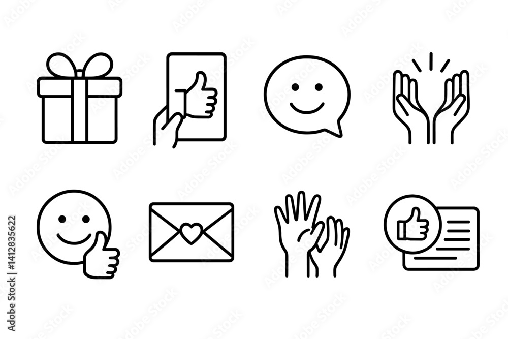 outline vector icons of appreciation gestures: gift icon, thumbs up card, thanks bubble, gratitude hands, smile with thumb, appreciation letter, team cheer, positive mention. set of line style icons