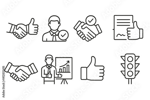 outline vector icons of business approval icons: handshake with thumb, client approval, deal closed icon, business like, green light for contract, agreement thumbs, successful pitch, sales thumbs up.