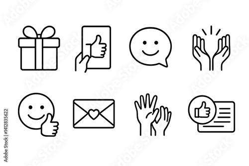 Obraz na płótnie outline vector icons of appreciation gestures: gift icon, thumbs up card, thanks bubble, gratitude hands, smile with thumb, appreciation letter, team cheer, positive mention. set of line style icons w salonie