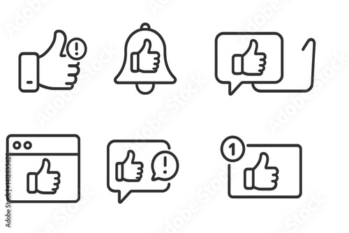 outline vector icons of notification settings: bell, silent mode, vibration, priority mode, popup, banner, snooze, do not disturb. clean outline set of flat isometric style icons in a modern,