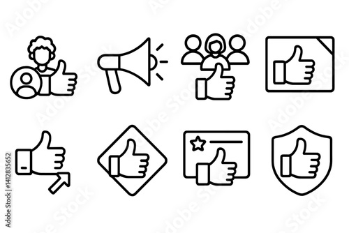 outline vector icons of thumbs in marketing: customer thumbs up, campaign success, audience approval, ad engagement, promoted icon, brand thumbs, product review like, trust symbol. set of line style