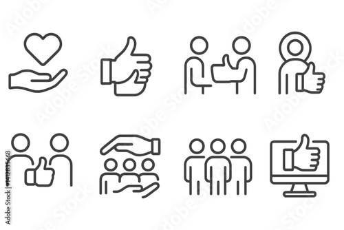outline vector icons of community support: help icon, support thumbs, mutual encouragement, peer recognition, volunteer like, local thumbs, team support, forum thumbs up. set of line style icons in a