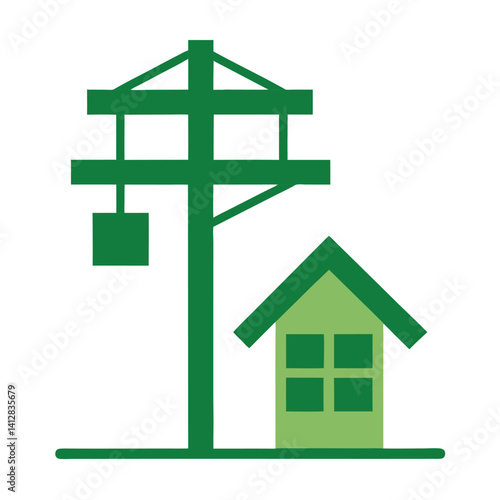 green power line icon solar panel roof silhouette