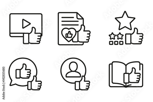outline vector icons of content engagement: thumbs up on video, blog like icon, article reaction, content rating, comment approval, media thumbs, viewer feedback, reader thumbs. ine style icons in a