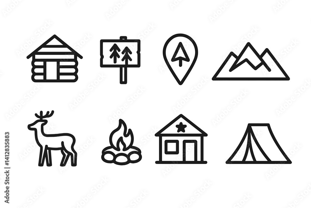 outline vector icons of national parks: cabin icon, forest sign, trailhead marker, mountain range, wildlife icon, campfire ring, ranger station, tent icon. set of line style icons in a modern,