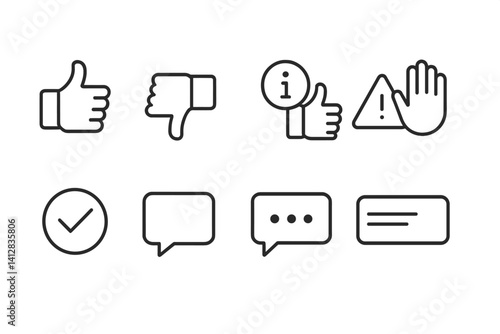 outline vector icons of user feedback tools: thumbs up, thumbs down, emoji scale, comment box, feedback popup, survey icon, review form, star rating. set of line style icons in a modern, minimalist