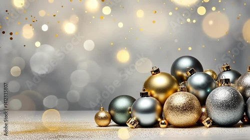 Christmas background with golden balls. Christmas balls. Shining Christmas balls, gold glitter, stars. Shining bokeh effect.  and a New Year's video card