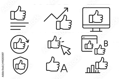 outline vector icons of thumbs in marketing metrics: thumbs per post, engagement graph, ad feedback, reaction rate, CTR thumbs, A/B test reaction, campaign approval, stats with like. set of line