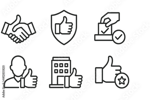 Obraz na płótnie outline vector icons of thumbs and trust: handshake with thumb, secure icon with like, trusted vote, verified trust thumbs, client approval icon, business credibility, feedback rating, reliability w salonie