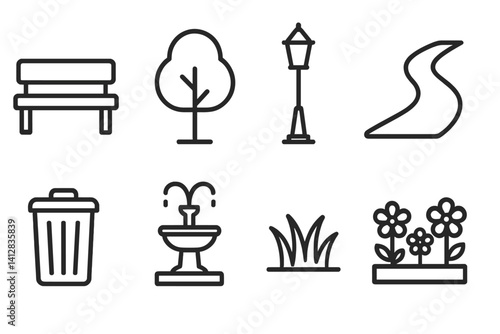 outline vector icons of park elements: bench, tree, lamp post, walking path, trash bin, water fountain, grass patch, flower bed. set of line style icons in a modern, minimalist design.