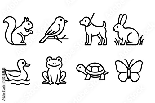 outline vector icons of park animals: squirrel, bird on branch, dog with leash, rabbit in grass, duck in pond, frog, turtle, butterfly. set of line style icons in a modern, minimalist design.