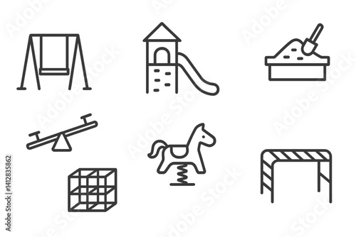 outline vector icons of playground areas: swing set, slide, climbing wall, sandbox, seesaw, jungle gym, spring rider, monkey bars. ine style icons in a modern, minimalist design.