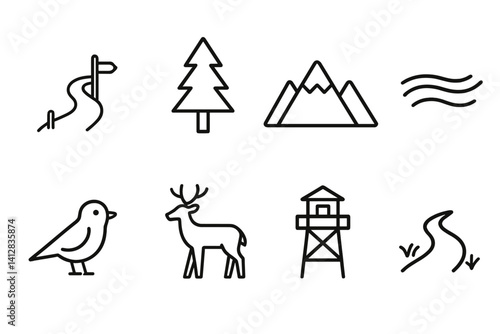 outline vector icons of nature parks: hiking trail, pine tree, mountain icon, stream, bird icon, deer silhouette, lookout point, dirt path., set of line style icons in a modern, minimalist design.