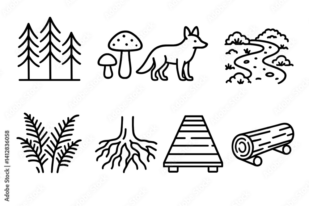 outline vector icons of national parks: cabin icon, forest sign, trailhead marker, mountain range, wildlife icon, campfire ring, ranger station, tent icon. set of line style icons in a modern, outline vector icons of national parks: cabin icon, forest sign, trailhead marker, mountain range, wildlife icon, campfire ring, ranger station, tent icon. set of line style icons in a modern,