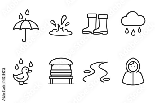 outline vector icons of rainy park day: umbrella with raindrops, puddle splash, rain boots, overcast sky, duck in rain, covered bench, wet path, poncho icon. ine style icons in a modern, minimalist