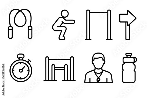outline vector icons of fitness in the park: jump rope, squat icon, pull-up bar, fitness trail sign, stopwatch, outdoor gym, personal trainer, hydration bottle. set of line style icons in a modern,